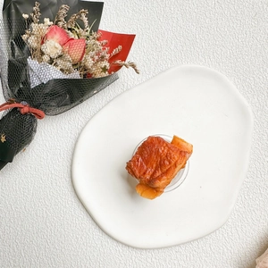 Close-up of a realistic salmon food-shaped collapsible phone grip on a white ceramic plate