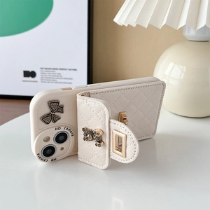 Detail of cream white leather iPhone case with diamond bear and bowknot wallet