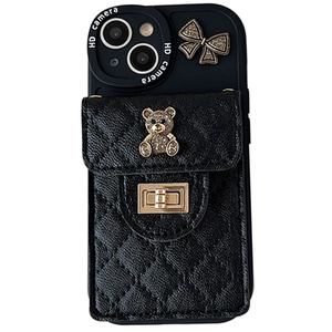 Black quilted leather iPhone crossbody case with card holder, metal lock and bear charm