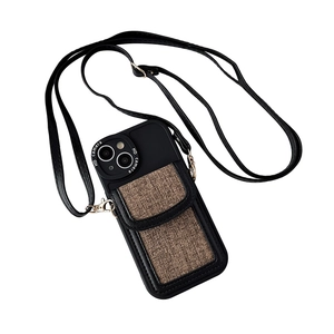 Black silicone iPhone case with brown crossbody wallet bag and adjustable leather strap