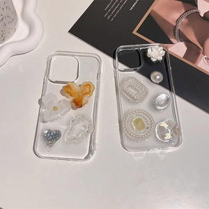 Transparent iPhone case with 3D floral pearls, rhinestones and amber flower accents