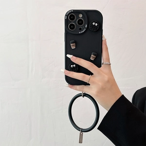 Black iPhone case with 3D coffee cup and biscuit design, featuring a large wrist ring