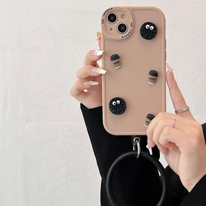 Detail of coffee biscuit iPhone case with 3D Oreo motifs and a black wristlet strap