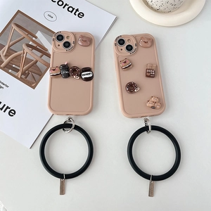 Protective iPhone case with 3D coffee bear and donuts, featuring a black silicone wrist ring