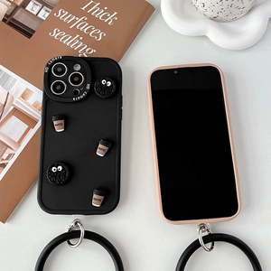 Detail of matte black iPhone case with 3D coffee cup charms and round wrist strap