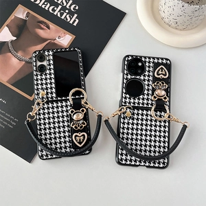 Houndstooth pattern folding phone case with luxury rhinestone bear and leather strap