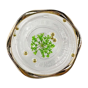 Elegant floral resin phone socket with real green leaves and gold metal frame on white back
