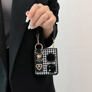 Houndstooth folding phone case with rhinestone bear charm and lanyard strap