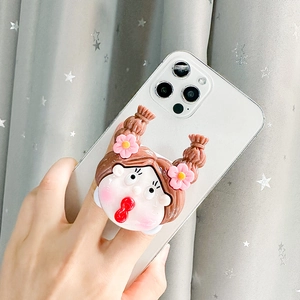 3D cartoon girl phone grip with flip mirror and pigtails design on white smartphone
