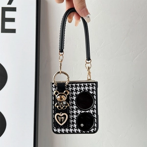 Houndstooth folding phone case with bear charm and hand strap for Z Flip series