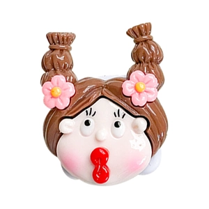 Cute cartoon girl phone stand with flip mirror and brown double buns hair style