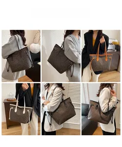 Model lifestyle shots of checkered tote bag showing various outfit pairings and carrying styles
