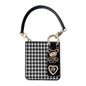 Houndstooth flip case for folding phones with rhinestone bear charm and pearl heart