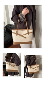 Detailed views of a color-block tote bag with metal ring buckles and large capacity