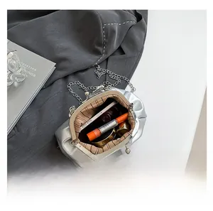 Detailed internal view of silver clutch bag showing stripe lining and ample storage space