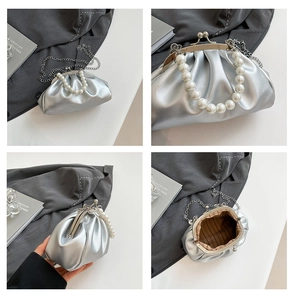 Detailed views of silver pleated dumpling bag featuring large pearl handle and metal chain