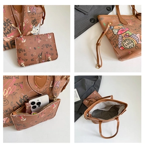 Detail of brown graffiti tote bag set featuring colorful bear prints and inner pouch