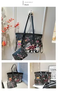 Graffiti printed tote bag set with matching pouch and street art cartoon patterns