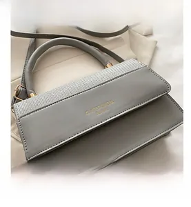Close-up of grey leather crossbody bag with silver glitter flap and gold logo detail