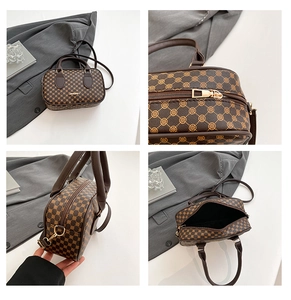 Detail shots of brown monogram mini Boston bag with hardware and interior views