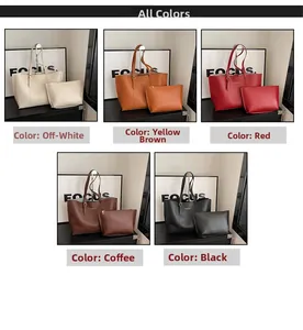 Macro detail showing five colors of large capacity leather tote bags and matching pouches