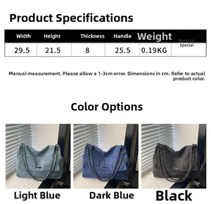 Tableau des tailles pour grand sac cabas à chaîne avec options bleu et noir disponibles