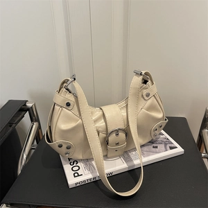 Chic cream white crescent bucket bag with pleated PU leather and silver buckle detail