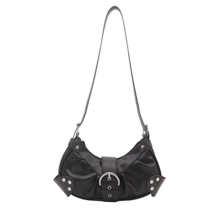 Black crescent underarm bag with silver rivets and buckle in Y2K motorcycle style