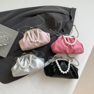 Pleated evening handbags with pearl handles and chain straps in four vibrant colors