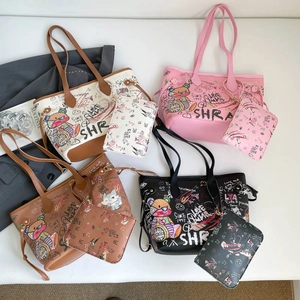 Graffiti Printed Tote Bag And Pouch PU Leather Large Capacity Cartoon Bear Street Style Trendy For Women
