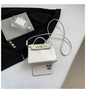 Detailed macro of white mini square bag with golden chain buckle and leather texture