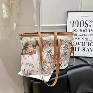 Graffiti print tote bag set with matching pouch and stylish cartoon art illustrations
