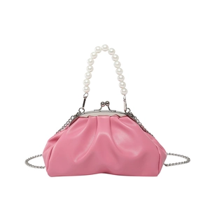 Pink pleated cloud bag with pearl handle and silver metal chain strap in white background