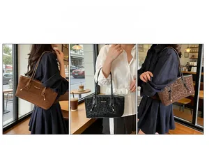 Three elegant tote bags in black and leopard print shown on models in a cafe setting
