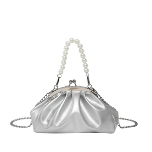 Silver pleated evening clutch bag with pearl handle and metal chain shoulder strap