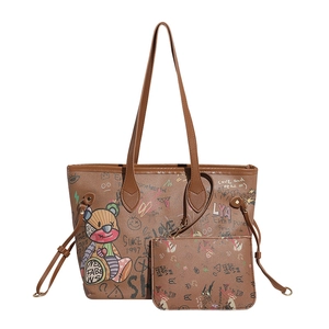 Brown tote bag and pouch set with colorful cartoon graffiti and heart prints