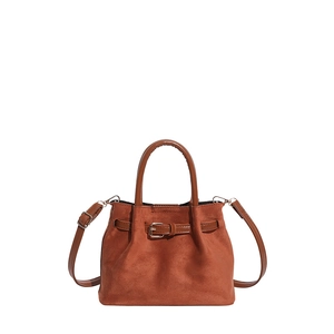 Retro brown suede crossbody bucket bag with dual handles and metal buckle accent