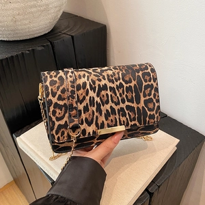 Minimalist leopard print crossbody bag with gold buckle and chain strap shown in hand