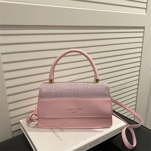 Elegant pink rhinestone square handbag with leather top handle and adjustable shoulder strap