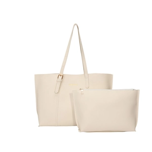 Minimalist large-capacity cream tote bag and pouch set made of textured PU leather