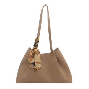 Stylish khaki pleated tote bag with decorative silk scarf and large capacity design