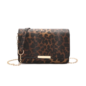 Vintage leopard print crossbody bag with gold chain strap and metallic flap detail
