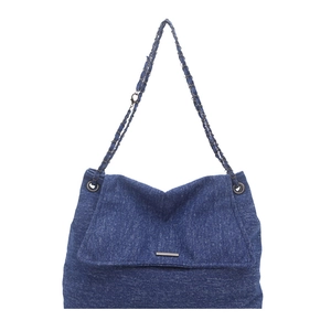 Große blaue Denim-Einkaufstasche mit Kettenriemen und Metallbesatz im Vintage-Stil