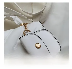 Detail of white quilted faux leather bag with a detachable round coin purse charm