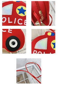 Détails du sac enfant voiture de police rouge avec zip fleur dorée et texture en cuir PU