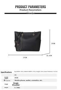 Detail view of black PU leather tote bag with metal chain strap and dimension markings