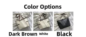 Three-color chain tote bags set in dark brown, white, and black with side pockets