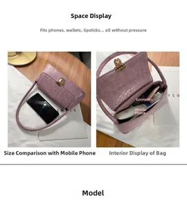 Detail of purple crocodile embossed bag showing internal capacity and size comparison