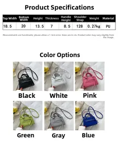 Size guide for PU leather handbag showing precise dimensions and six color options