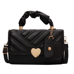 Black quilted PU leather handbag with gold heart lock and matching mini coin purse charm